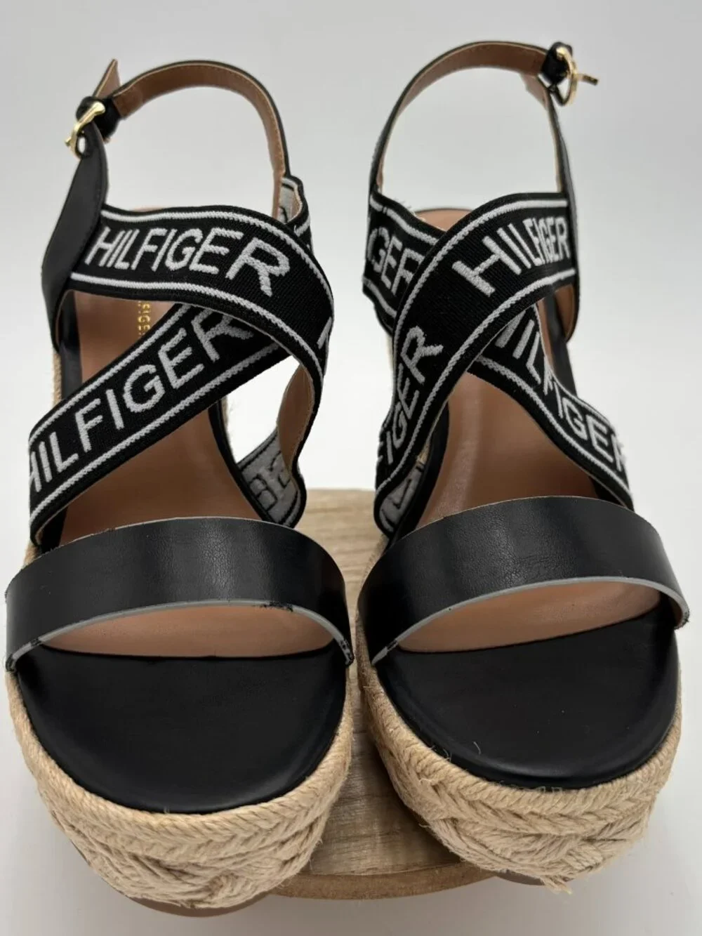 Tommy Hilfiger Black Logo Strap Espadrille Wedge Platform Sandals Shoes 9M